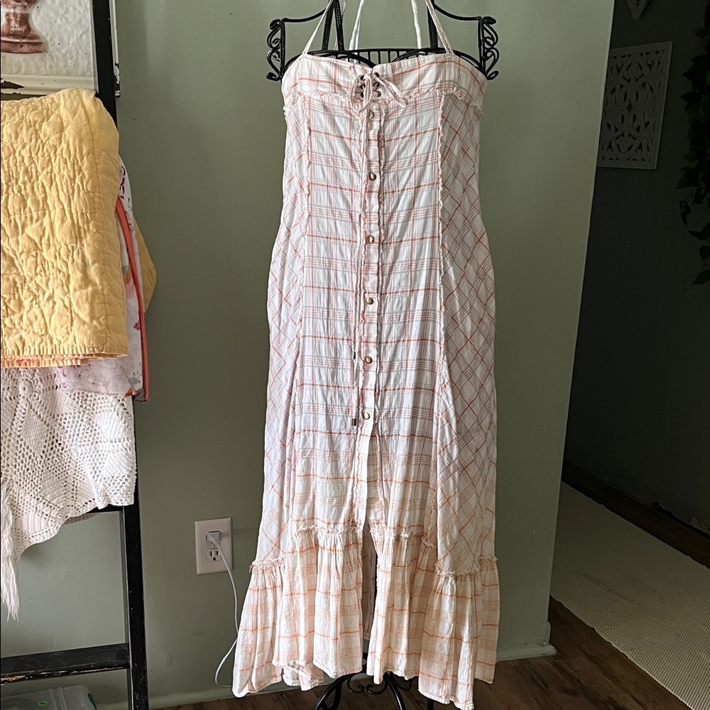 We The Free White and Orange Plaid Maxi Dress